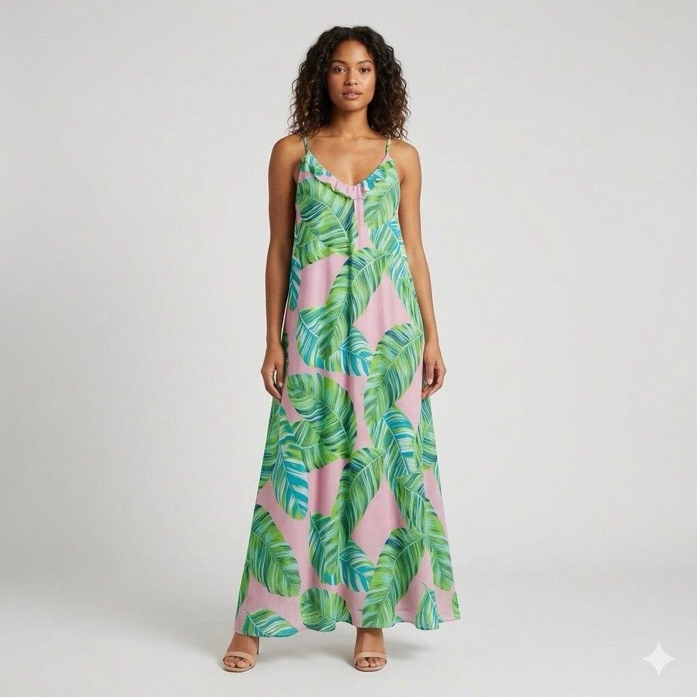 Buddy Love XS Pink Green Banana Leaf Tropical Print Cami Maxi Dress Ruffle Flowy